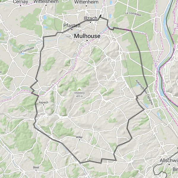 Map miniature of "The Three Valleys Loop" cycling inspiration in Alsace, France. Generated by Tarmacs.app cycling route planner