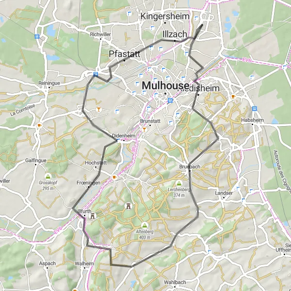 Map miniature of "Riedisheim - Illzach Loop" cycling inspiration in Alsace, France. Generated by Tarmacs.app cycling route planner