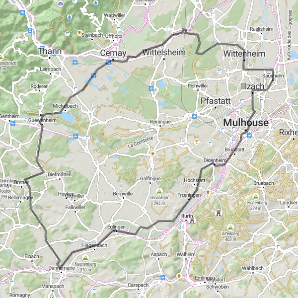 Miniature de la carte de l'inspiration cycliste "Balade à vélo autour de Mulhouse" dans la Alsace, France. Générée par le planificateur d'itinéraire cycliste Tarmacs.app