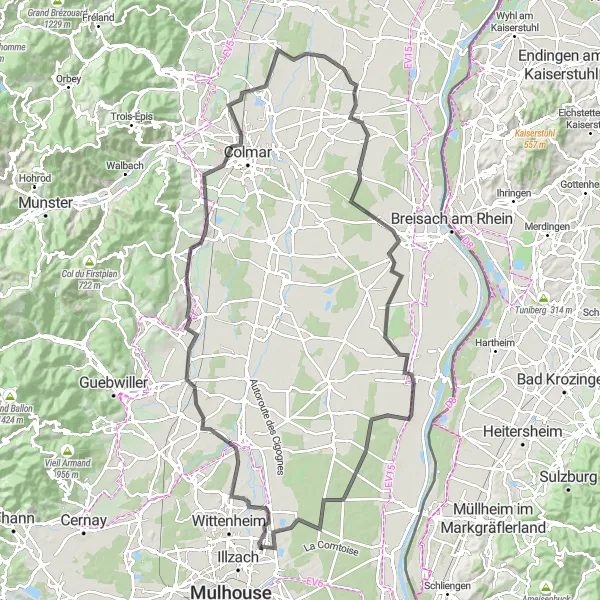 Map miniature of "The Rhine River Route" cycling inspiration in Alsace, France. Generated by Tarmacs.app cycling route planner