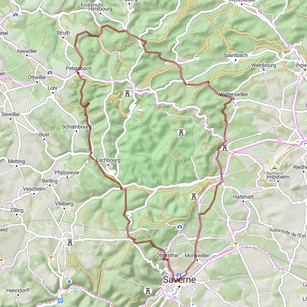 Map miniature of "Exploring the Countryside Gravel Route" cycling inspiration in Alsace, France. Generated by Tarmacs.app cycling route planner