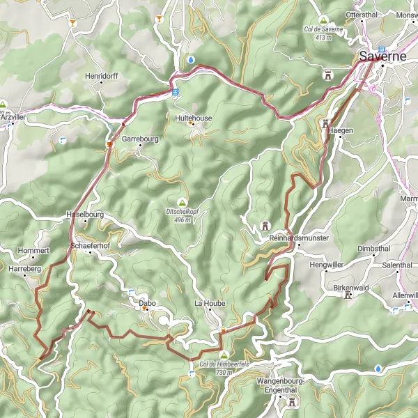 Map miniature of "Saverne to Dabo Gravel Adventure" cycling inspiration in Alsace, France. Generated by Tarmacs.app cycling route planner