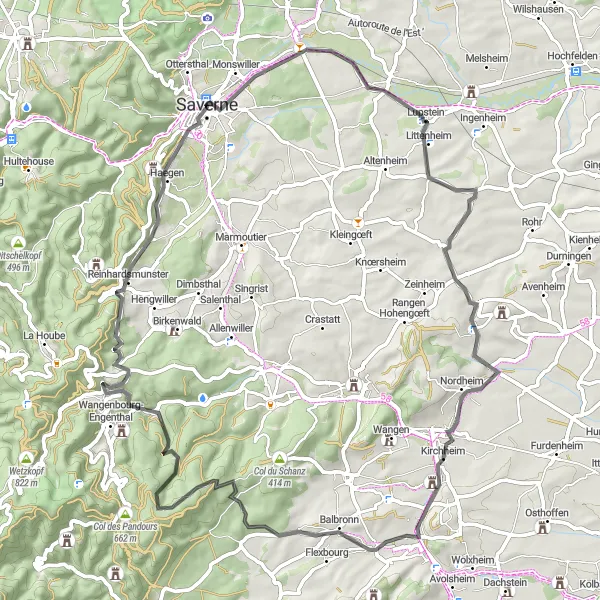 Map miniature of "The Road to Château du Freudeneck" cycling inspiration in Alsace, France. Generated by Tarmacs.app cycling route planner