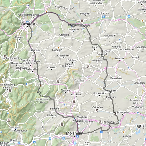 Map miniature of "The Captivating Countryside of Alsace" cycling inspiration in Alsace, France. Generated by Tarmacs.app cycling route planner