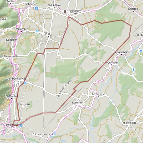 Map miniature of "Gravel Ride to Kogenheim" cycling inspiration in Alsace, France. Generated by Tarmacs.app cycling route planner