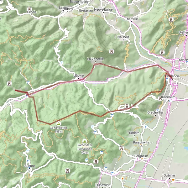 Map miniature of "Scenic Gravel Ride to Châtenois" cycling inspiration in Alsace, France. Generated by Tarmacs.app cycling route planner