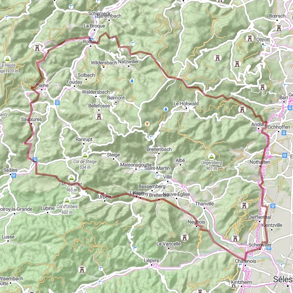 Map miniature of "Vosges Mountain Challenge" cycling inspiration in Alsace, France. Generated by Tarmacs.app cycling route planner