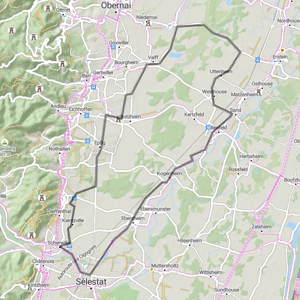 Miniature de la carte de l'inspiration cycliste "Boucle des Vignobles" dans la Alsace, France. Générée par le planificateur d'itinéraire cycliste Tarmacs.app