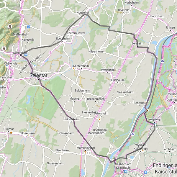 Miniature de la carte de l'inspiration cycliste "Escapade en Alsace" dans la Alsace, France. Générée par le planificateur d'itinéraire cycliste Tarmacs.app