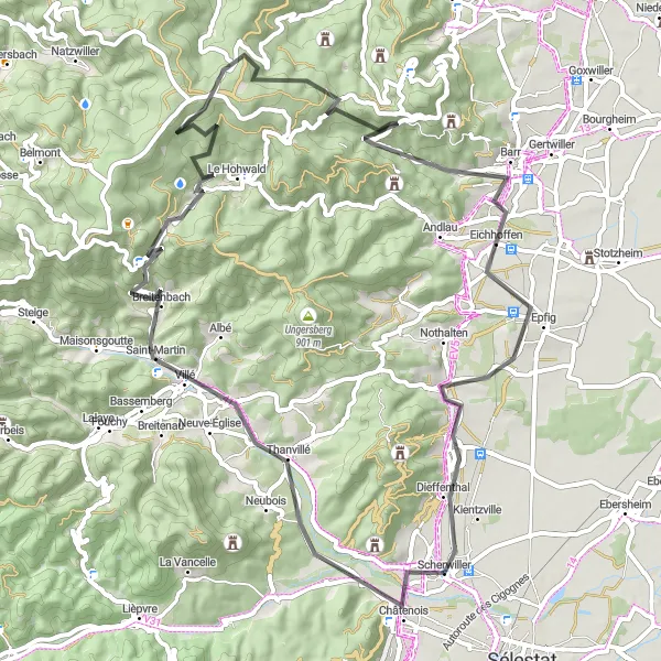 Map miniature of "Scherwiller to Thanvillé Loop" cycling inspiration in Alsace, France. Generated by Tarmacs.app cycling route planner