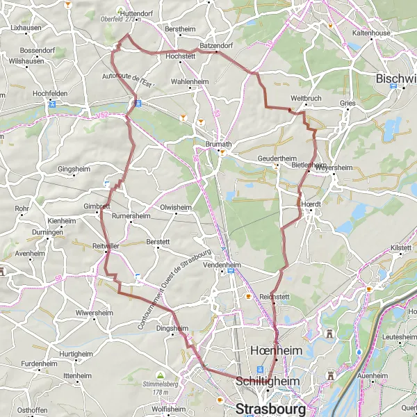 Map miniature of "Niederhausbergen Loop" cycling inspiration in Alsace, France. Generated by Tarmacs.app cycling route planner