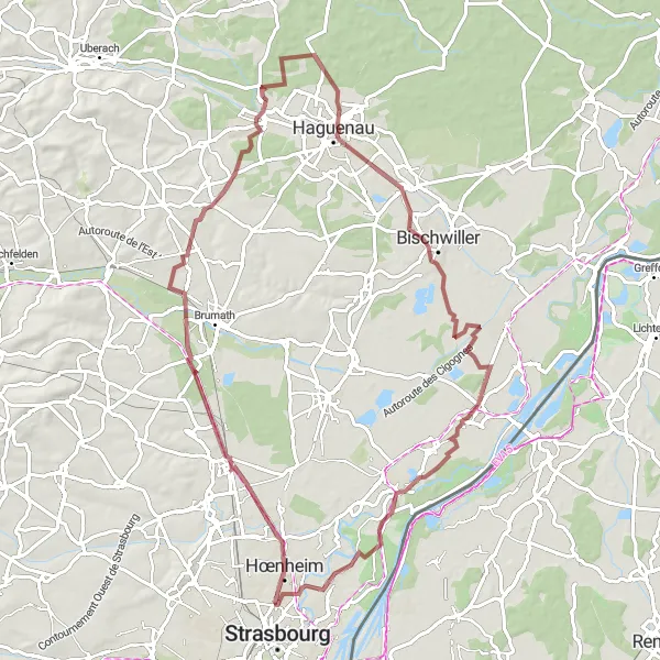 Miniature de la carte de l'inspiration cycliste "Aventure Gravel autour de Strasbourg" dans la Alsace, France. Générée par le planificateur d'itinéraire cycliste Tarmacs.app