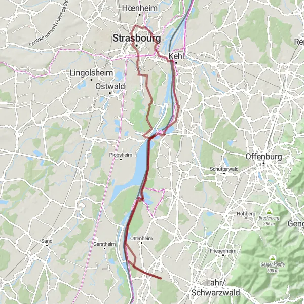 Map miniature of "The Gravel Trail" cycling inspiration in Alsace, France. Generated by Tarmacs.app cycling route planner