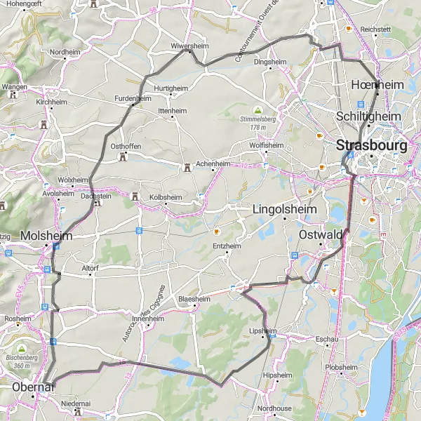 Miniature de la carte de l'inspiration cycliste "Itinéraire de route panoramique autour de Schiltigheim" dans la Alsace, France. Générée par le planificateur d'itinéraire cycliste Tarmacs.app