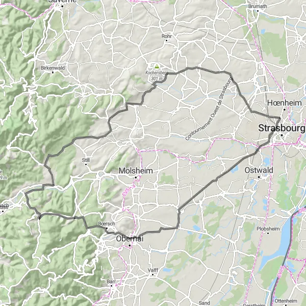 Miniature de la carte de l'inspiration cycliste "Itinéraire de route vallonné autour de Schiltigheim" dans la Alsace, France. Générée par le planificateur d'itinéraire cycliste Tarmacs.app