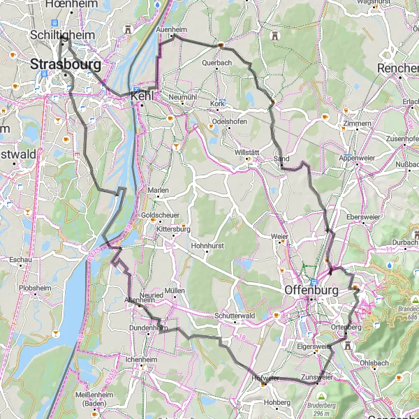 Miniature de la carte de l'inspiration cycliste "De Strasbourg à Kehl" dans la Alsace, France. Générée par le planificateur d'itinéraire cycliste Tarmacs.app