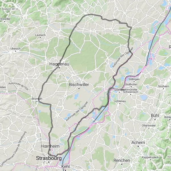 Miniature de la carte de l'inspiration cycliste "Boucle à vélo de route autour de Schiltigheim" dans la Alsace, France. Générée par le planificateur d'itinéraire cycliste Tarmacs.app