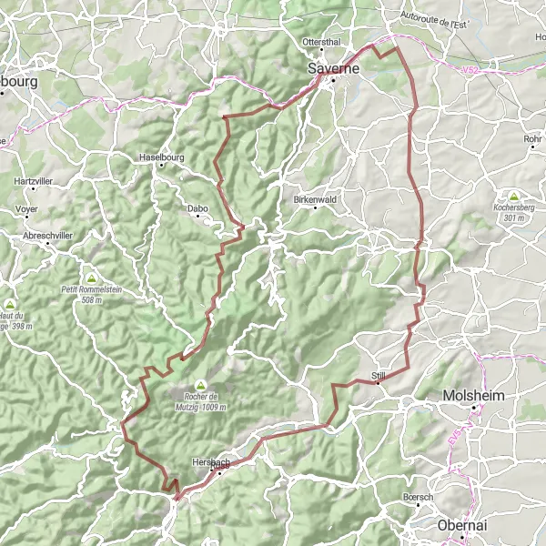 Miniature de la carte de l'inspiration cycliste "Tour du Donon" dans la Alsace, France. Générée par le planificateur d'itinéraire cycliste Tarmacs.app