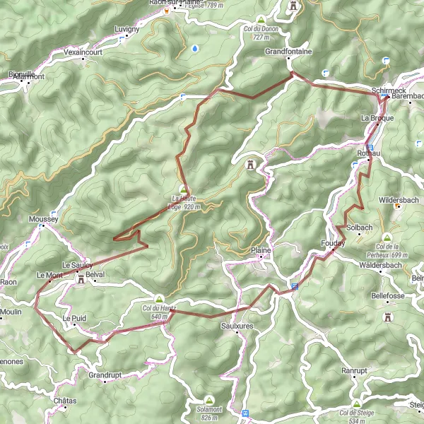 Map miniature of "Hidden Gems of La Fraize" cycling inspiration in Alsace, France. Generated by Tarmacs.app cycling route planner