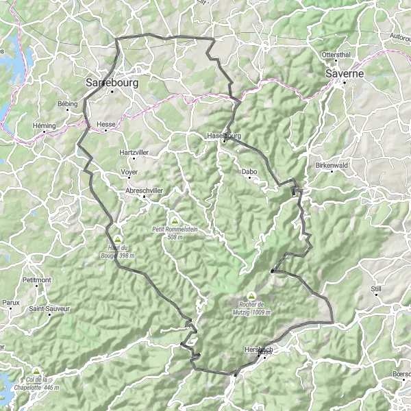 Miniature de la carte de l'inspiration cycliste "Escapade Nature" dans la Alsace, France. Générée par le planificateur d'itinéraire cycliste Tarmacs.app