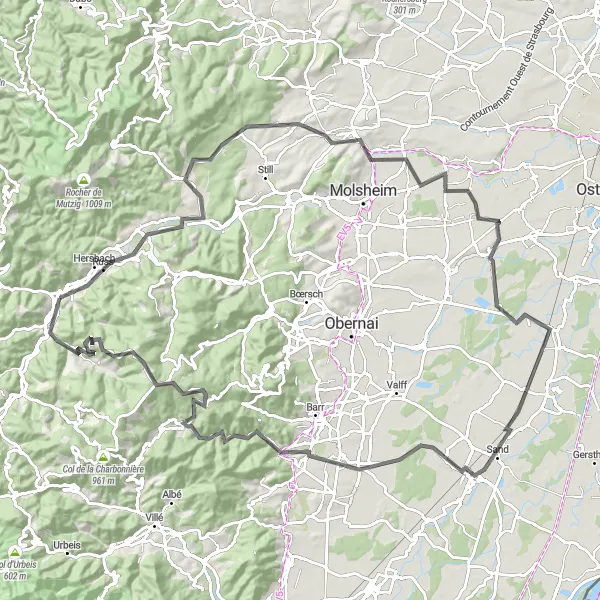 Miniature de la carte de l'inspiration cycliste "Route des Vignobles" dans la Alsace, France. Générée par le planificateur d'itinéraire cycliste Tarmacs.app