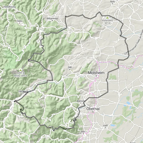 Miniature de la carte de l'inspiration cycliste "Tour des Vosges" dans la Alsace, France. Générée par le planificateur d'itinéraire cycliste Tarmacs.app