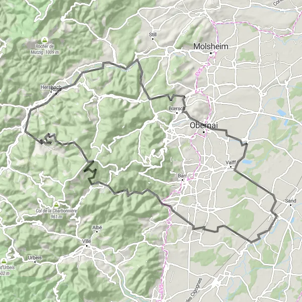 Miniature de la carte de l'inspiration cycliste "Boucle des Collines" dans la Alsace, France. Générée par le planificateur d'itinéraire cycliste Tarmacs.app