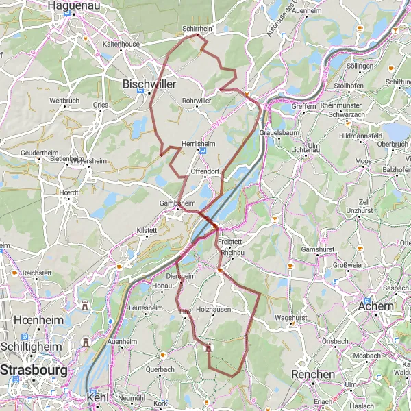 Map miniature of "Extended Gravel Tour to Bischwiller and Gambsheim" cycling inspiration in Alsace, France. Generated by Tarmacs.app cycling route planner