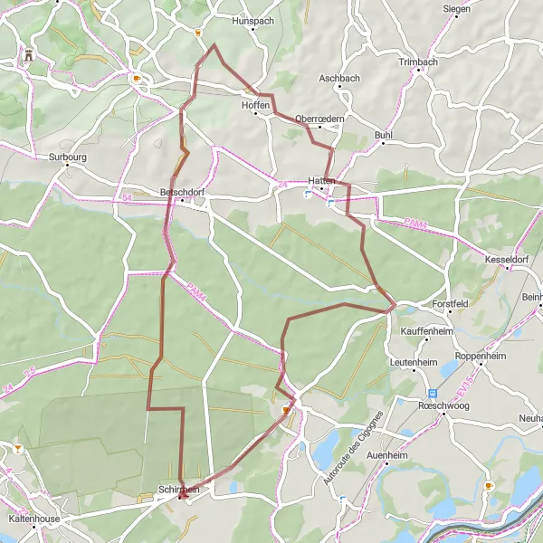 Map miniature of "Gravel Tour to Schœnenbourg and Soufflenheim" cycling inspiration in Alsace, France. Generated by Tarmacs.app cycling route planner