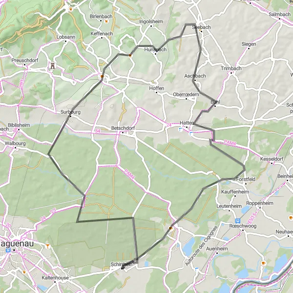 Map miniature of "Schirrhein to Soufflenheim Loop (Road)" cycling inspiration in Alsace, France. Generated by Tarmacs.app cycling route planner