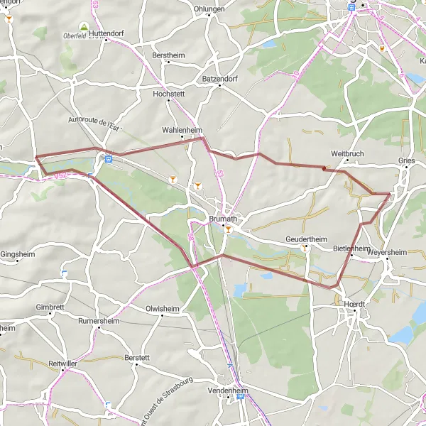 Miniature de la carte de l'inspiration cycliste "Parcours champêtre en Gravel" dans la Alsace, France. Générée par le planificateur d'itinéraire cycliste Tarmacs.app