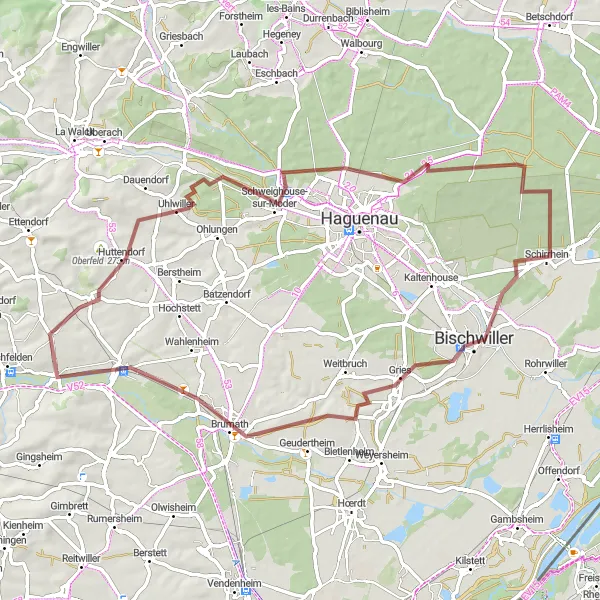 Miniature de la carte de l'inspiration cycliste "Tour du Nord de l'Alsace en Gravel" dans la Alsace, France. Générée par le planificateur d'itinéraire cycliste Tarmacs.app