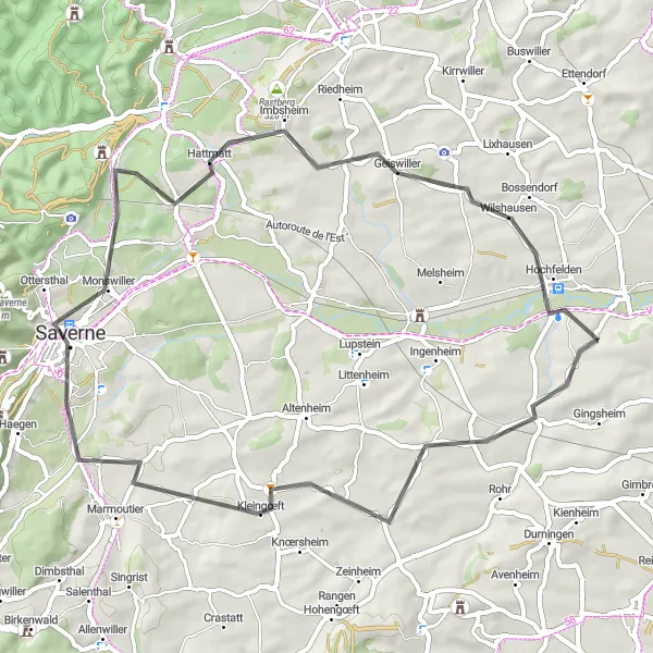 Map miniature of "Ride through the Heart of Alsace" cycling inspiration in Alsace, France. Generated by Tarmacs.app cycling route planner