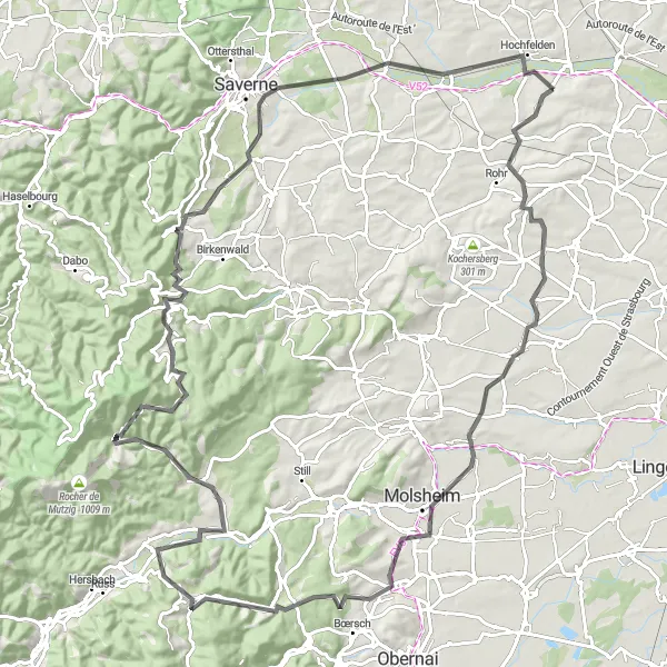 Miniature de la carte de l'inspiration cycliste "Route des Vallées d'Alsace" dans la Alsace, France. Générée par le planificateur d'itinéraire cycliste Tarmacs.app