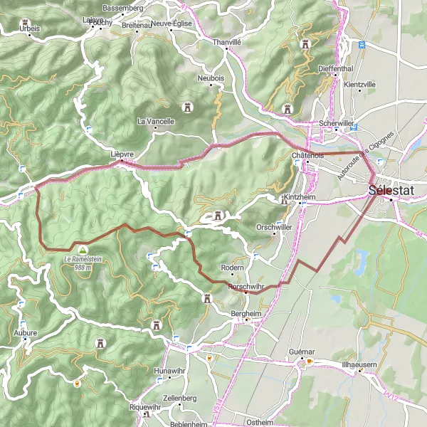 Map miniature of "Adventurous Gravel Ride to Sélestat and Sainte-Croix-aux-Mines" cycling inspiration in Alsace, France. Generated by Tarmacs.app cycling route planner