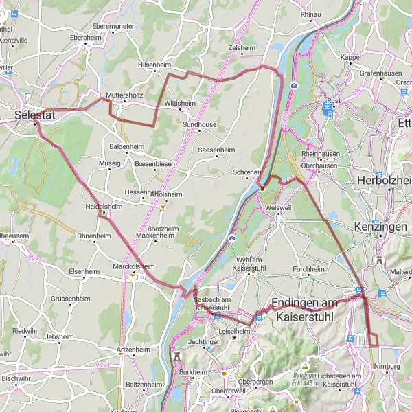 Map miniature of "Gravel Adventure through Sélestat and Bindernheim" cycling inspiration in Alsace, France. Generated by Tarmacs.app cycling route planner