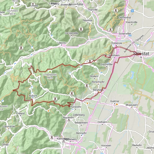 Miniature de la carte de l'inspiration cycliste "Sentiers Gravel du Haut-Kœnigsbourg" dans la Alsace, France. Générée par le planificateur d'itinéraire cycliste Tarmacs.app