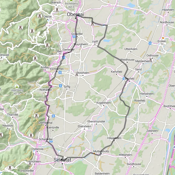 Map miniature of "Road Cycling Tour from Sélestat to Quartier des Tanzmatten" cycling inspiration in Alsace, France. Generated by Tarmacs.app cycling route planner