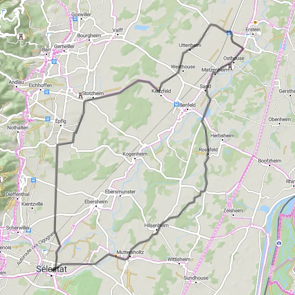 Miniature de la carte de l'inspiration cycliste "Boucle des Châteaux" dans la Alsace, France. Générée par le planificateur d'itinéraire cycliste Tarmacs.app