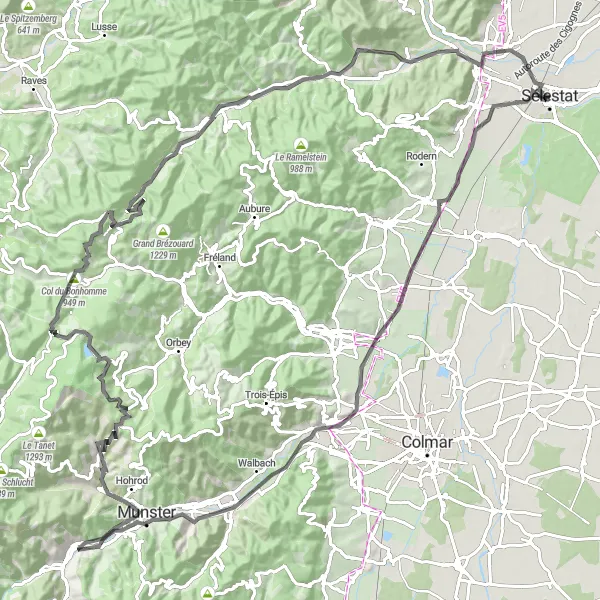 Map miniature of "Scenic Road Cycling Tour with Château d'eau de Sélestat" cycling inspiration in Alsace, France. Generated by Tarmacs.app cycling route planner