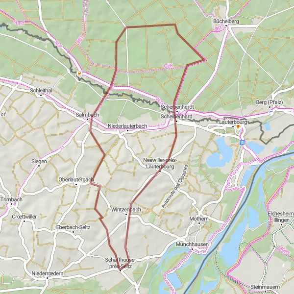 Map miniature of "Seltz to Schaffhouse-près-Seltz Gravel Adventure" cycling inspiration in Alsace, France. Generated by Tarmacs.app cycling route planner