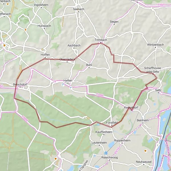 Map miniature of "Seltz to Schaffhouse-près-Seltz Gravel Tour" cycling inspiration in Alsace, France. Generated by Tarmacs.app cycling route planner