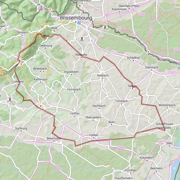 Miniature de la carte de l'inspiration cycliste "Les Collines du Nord de l'Alsace" dans la Alsace, France. Générée par le planificateur d'itinéraire cycliste Tarmacs.app