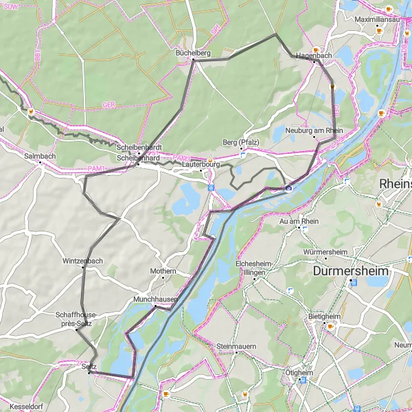 Miniature de la carte de l'inspiration cycliste "Boucle des Châteaux d'Alsace" dans la Alsace, France. Générée par le planificateur d'itinéraire cycliste Tarmacs.app