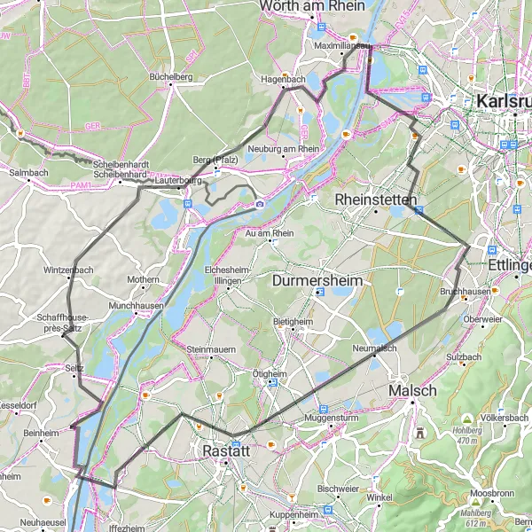 Map miniature of "Rastatt Explorer" cycling inspiration in Alsace, France. Generated by Tarmacs.app cycling route planner