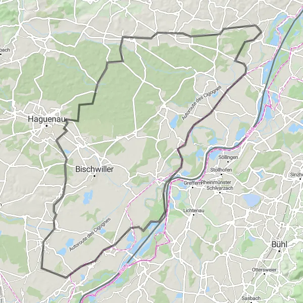 Map miniature of "Village Charms and Cultural Delights" cycling inspiration in Alsace, France. Generated by Tarmacs.app cycling route planner