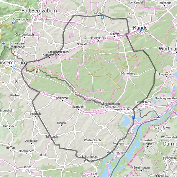 Map miniature of "Picturesque Road Cycling Route: Seltz to Mothern" cycling inspiration in Alsace, France. Generated by Tarmacs.app cycling route planner