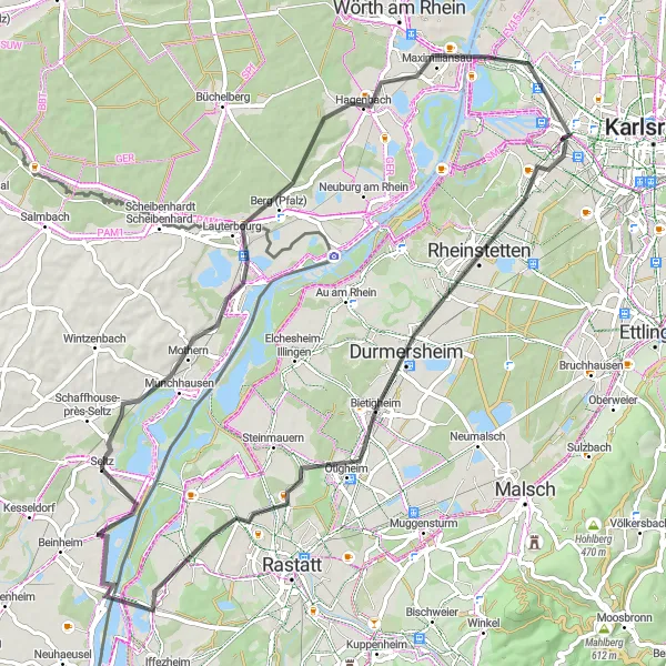 Miniature de la carte de l'inspiration cycliste "La Boucle du Rhin-Supérieur" dans la Alsace, France. Générée par le planificateur d'itinéraire cycliste Tarmacs.app