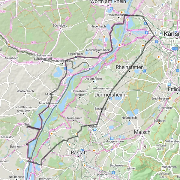 Miniature de la carte de l'inspiration cycliste "Boucle pittoresque autour de Seltz" dans la Alsace, France. Générée par le planificateur d'itinéraire cycliste Tarmacs.app