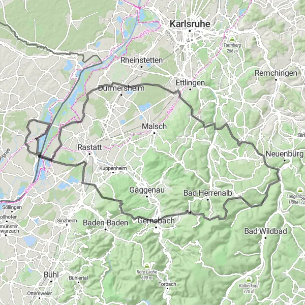 Map miniature of "Epic Road Cycling Tour: Seltz to Merkur" cycling inspiration in Alsace, France. Generated by Tarmacs.app cycling route planner